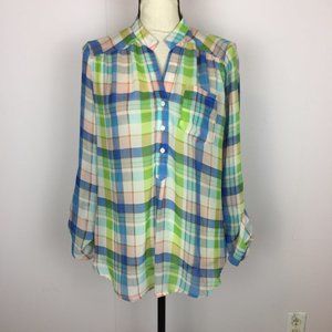 New! Fun 2 Fun Shirt Blouse L Womans Blue Green Pink Plaid Roll Tab Sleeve